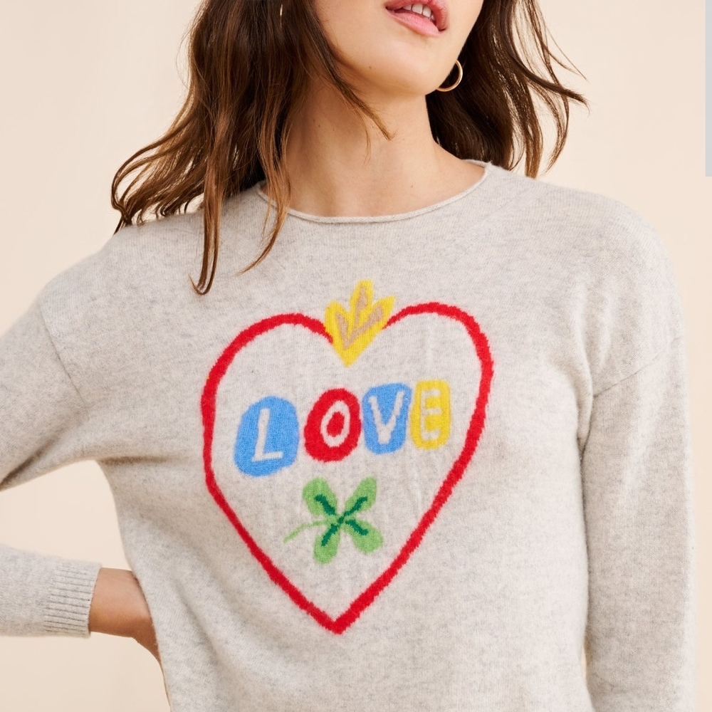 Anthropologie Gray Sweater with Colorful Heart Design